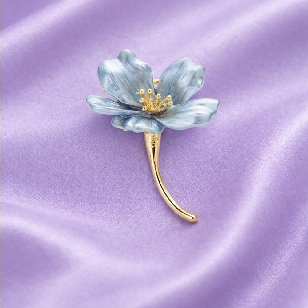 Blue Floral Brooch with Gold Stem